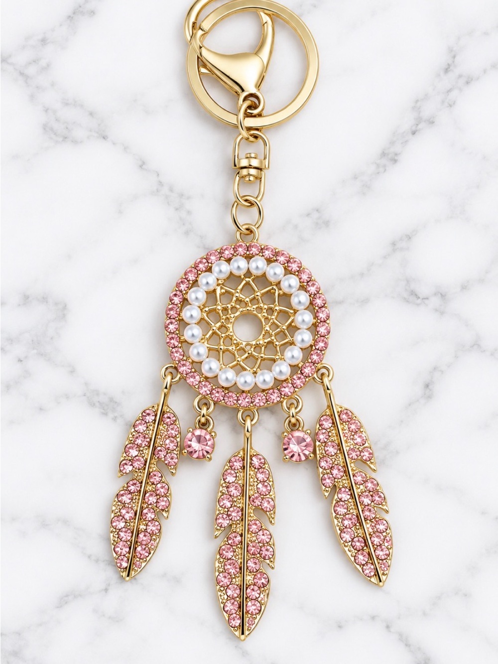 Gold & Pink Dreamcatcher Bag Charm/Keychain With Faux Pearl Accents
